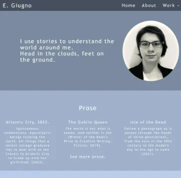 Image of Catherine Giugno's Portfolio, with photo of author and names of works.