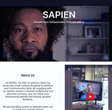 Image of Landing Page for SAPIEN tech start-up, with video of virtual avatars and about page text.
