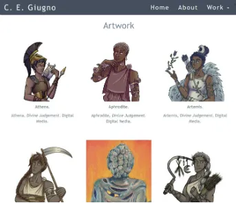Portfolio Page that showcases digital artwork, including designs for deity characters in the video game Divine Judgement and other fan works.