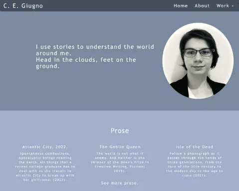 Landing Page for the Portfolio that shows the authors's image and several short story titles.
