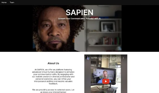 SAPIEN tech start-up landing page, including hero video of virtual avatars, about text and introductory video.