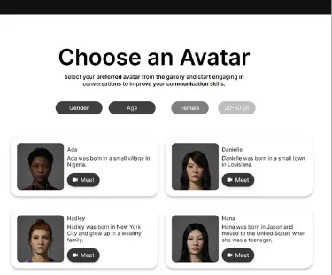 Virtual Avatar gallery, including filters for age and gender.