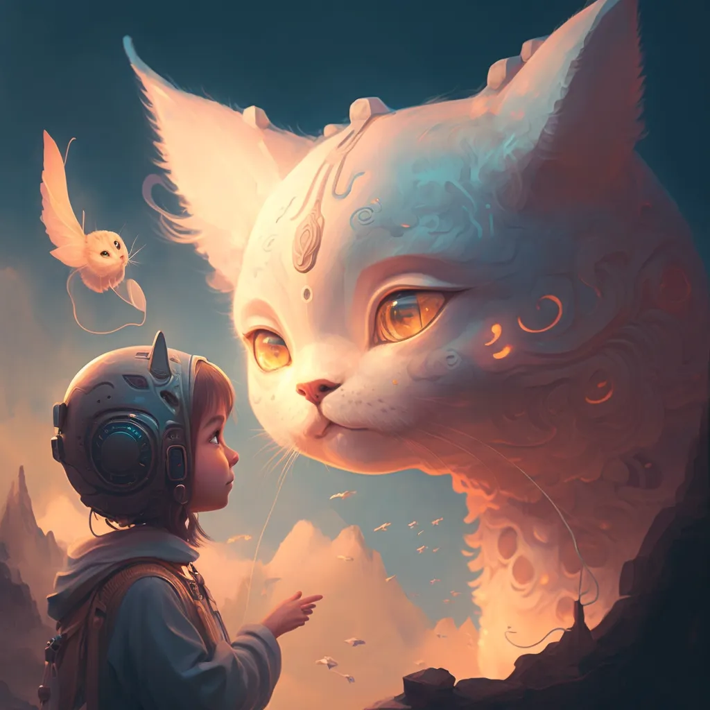 Image of a human child and whimsical owl-like creature speaking to a giant cat, displayed on SAPIEN feedback page.